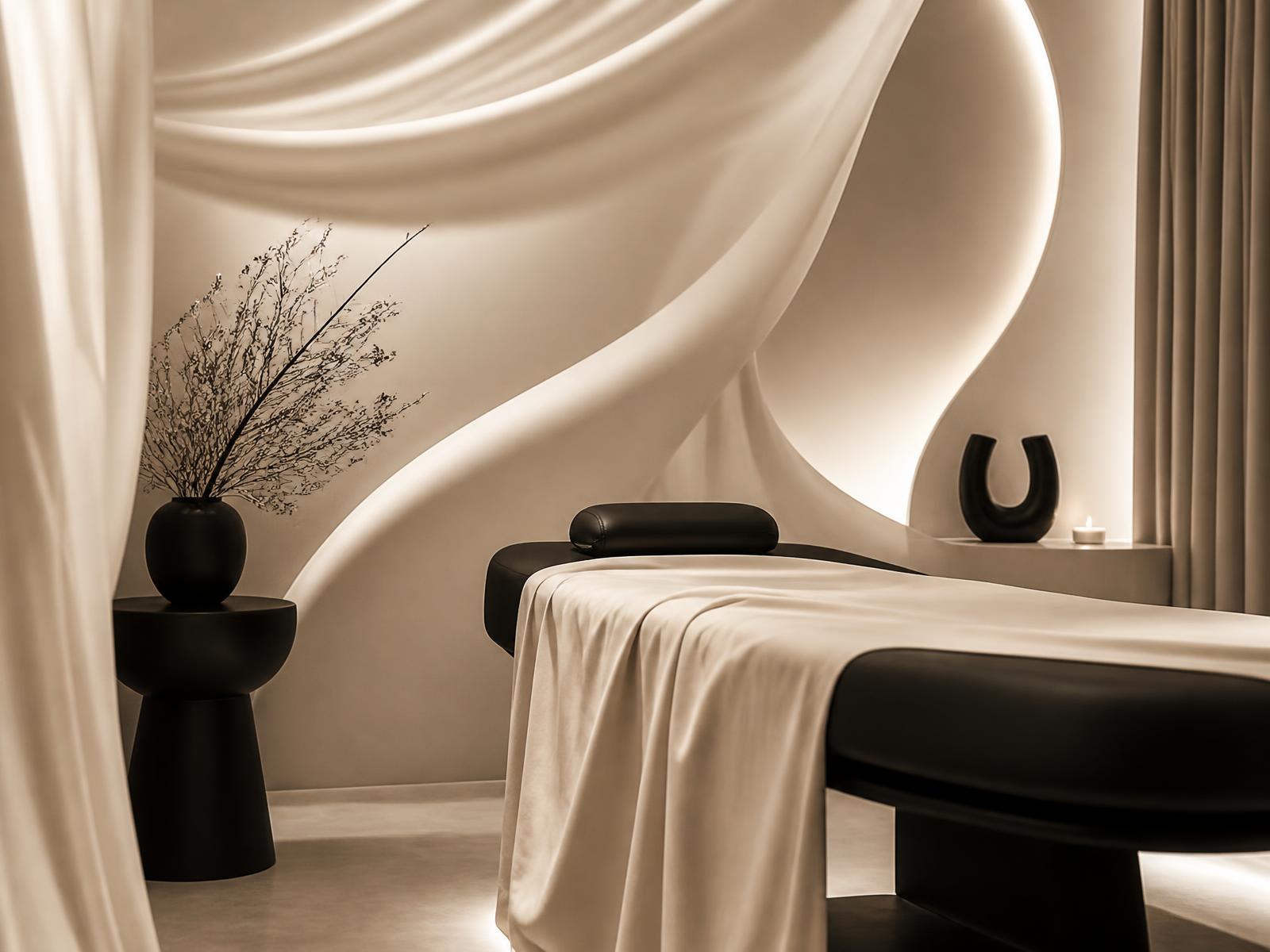 Softly lit treatment suite with ivory drapery and sculptural forms