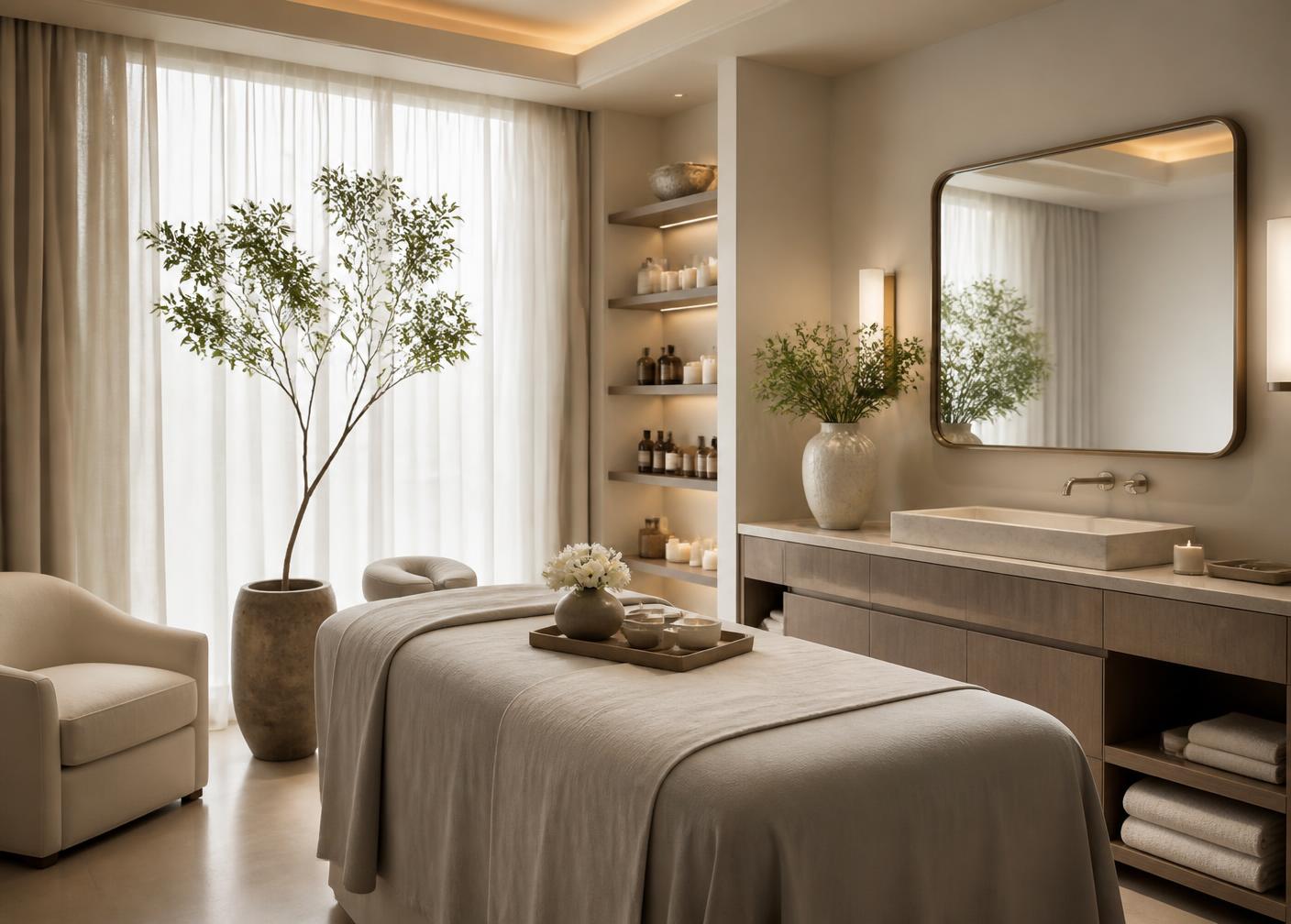 Serene studio interior with soft natural light, ivory linens, and neutral finishes
